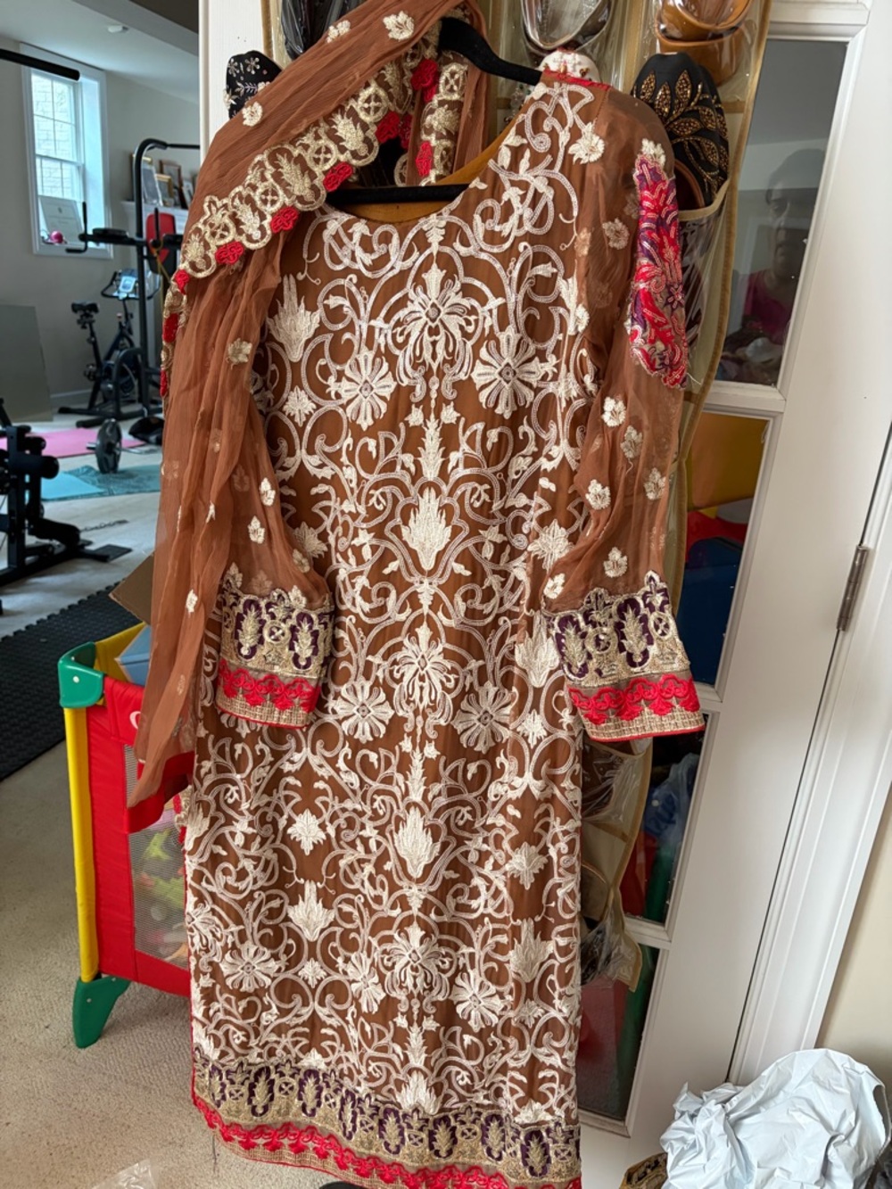 Brown Embroidered Ethnic Dress with Red & Purple Accents with dupatta